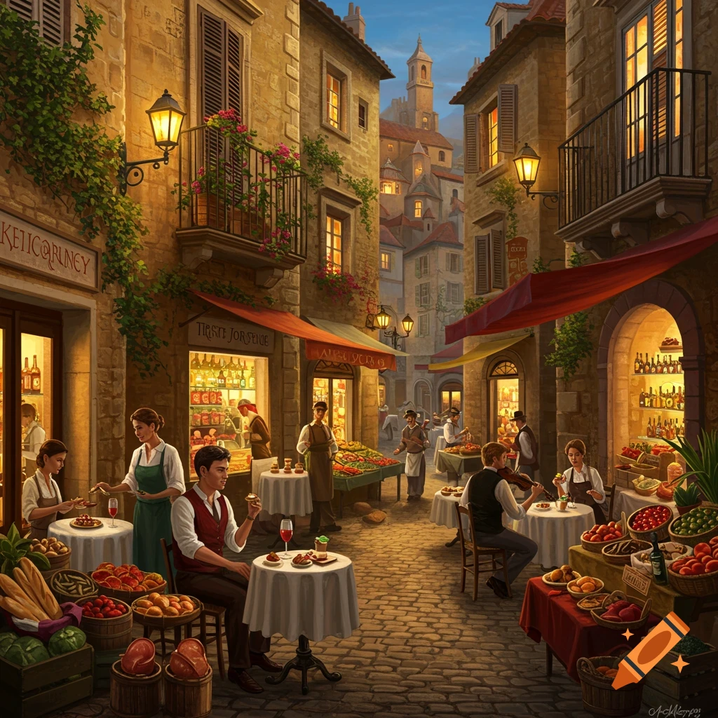 A vibrant illustration of a bustling European old town street with shops, market stalls, and people dining outdoors at night.