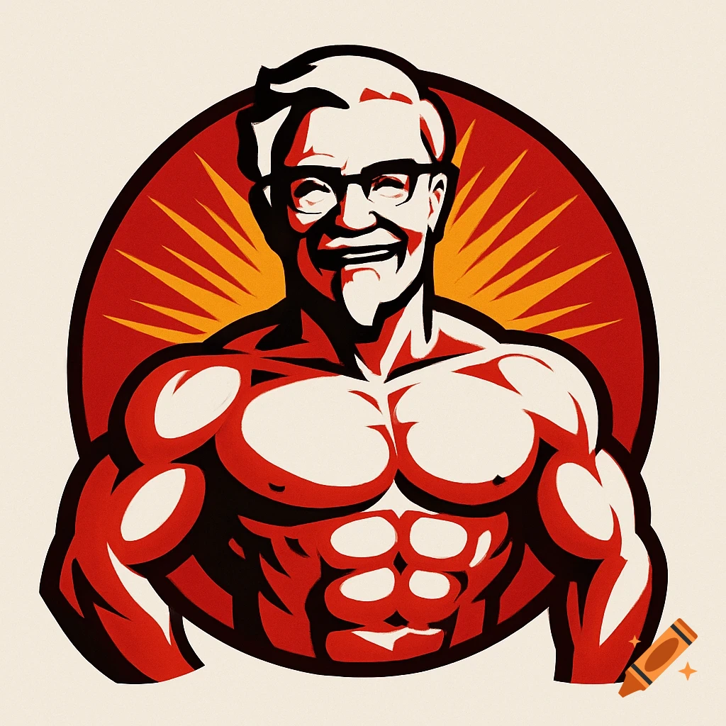 Stylized logo of a muscular, shirtless Colonel Sanders, smiling with a red background and orange sunburst.