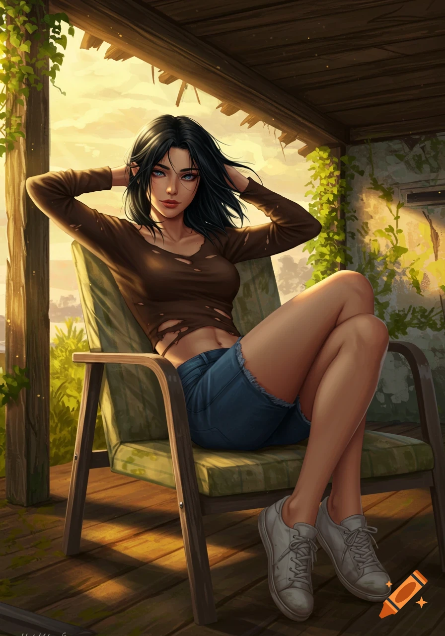 A beautiful woman with black hair and blue eyes sits in a patio chair on a ruined porch at sunset, digital painting.