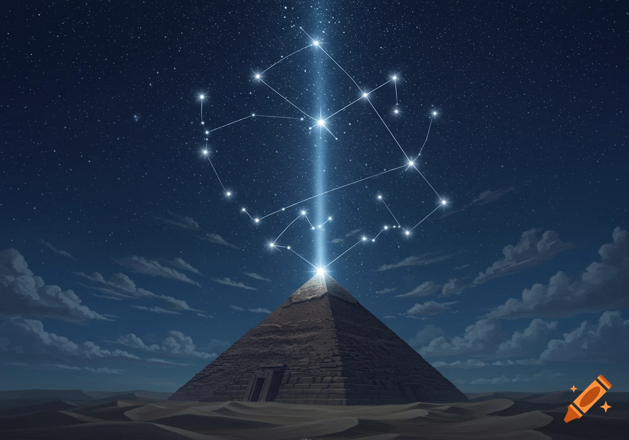 A pyramid in a desert at night with a constellation above it and a light beam connecting to the apex, under a starry sky.