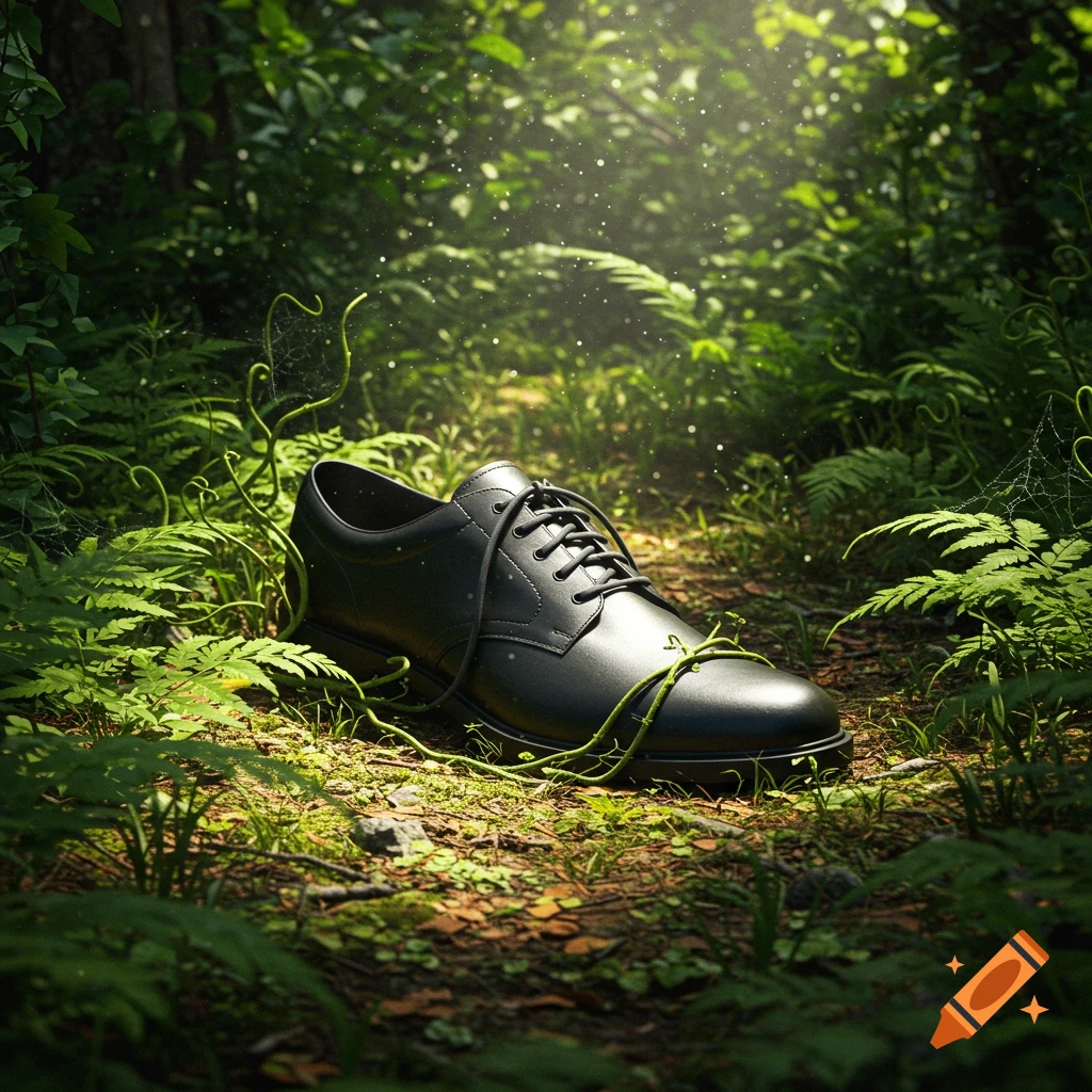A black dress shoe sits on a forest floor, overgrown with green vines and ferns, under dappled sunlight.