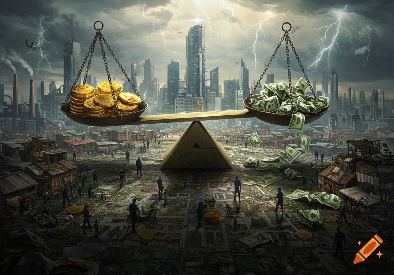 A massive scale balances piles of gold coins and crumpled money over a landscape of slums and a modern city under a stormy sky, with tiny people scattered below.