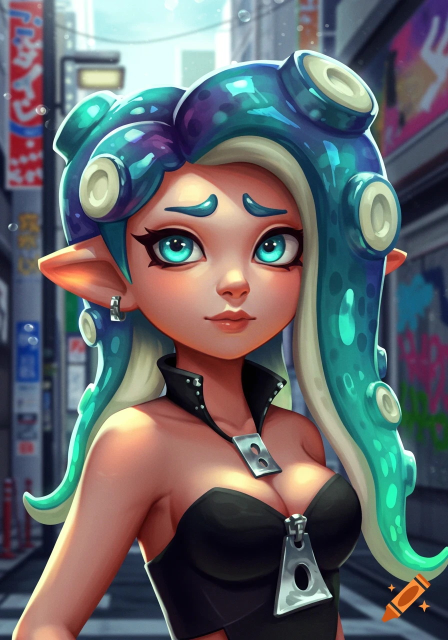 Stylized portrait of Marina from Splatoon with teal tentacles, glowing blue eyes, in a black top, against a city street background.