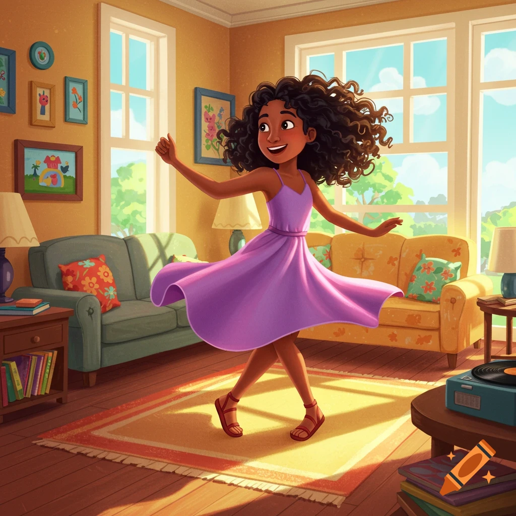 A smiling cartoon girl with curly hair, wearing a purple dress and sandals, dances joyfully in a sunny living room.