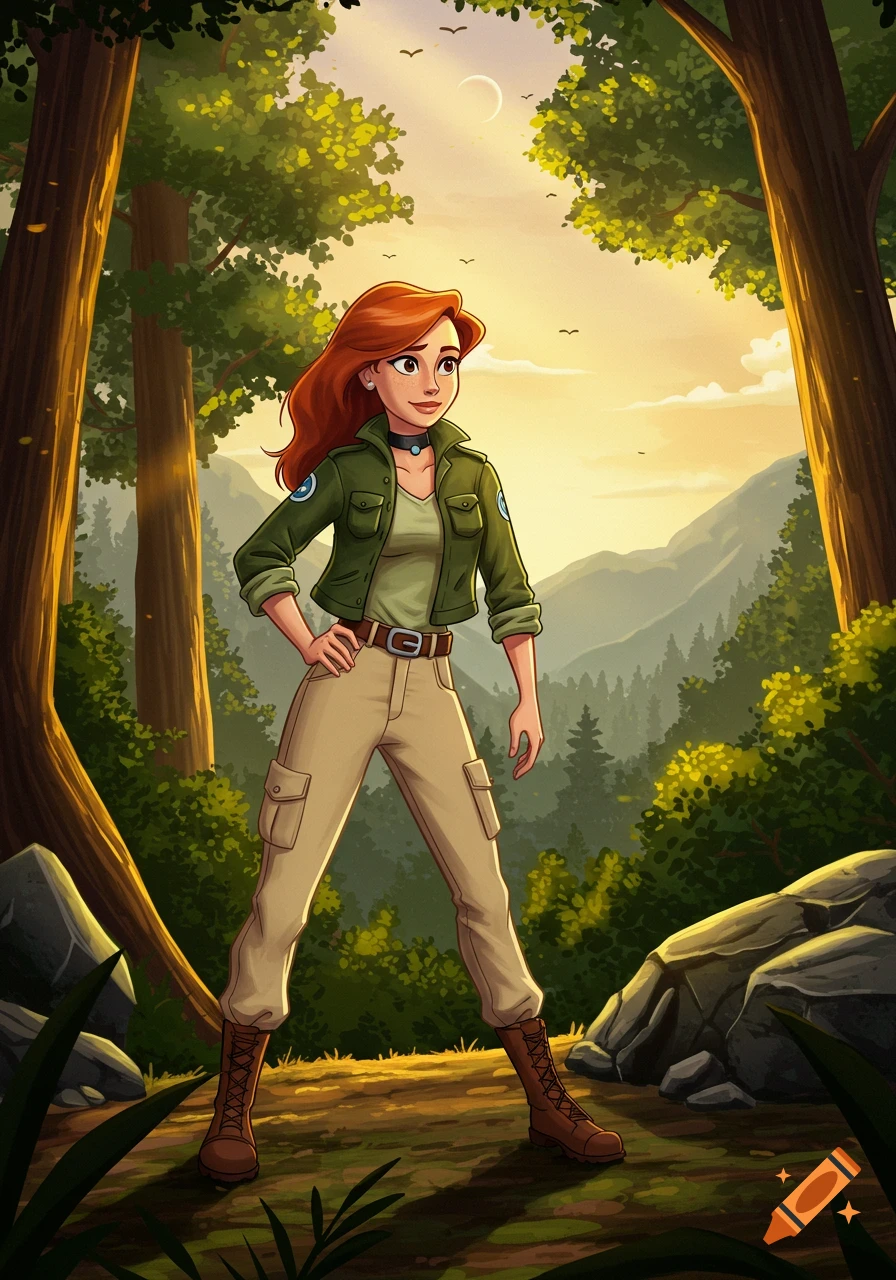 A red-haired cartoon woman in a green jacket and tan pants stands confidently in a sunlit forest with mountains in the background.