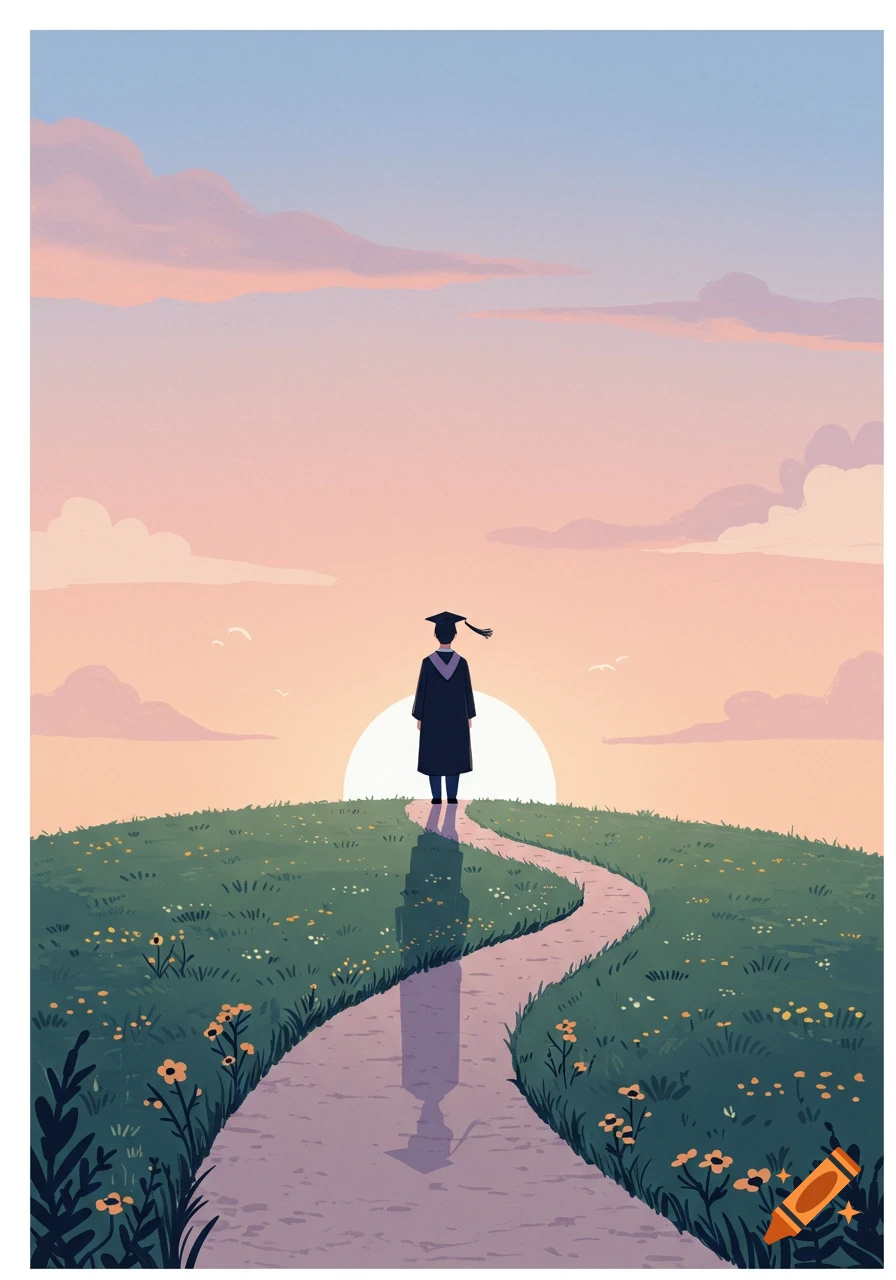 An illustration of a graduate in a cap and gown standing on a hill path, facing a large sunset at dawn.