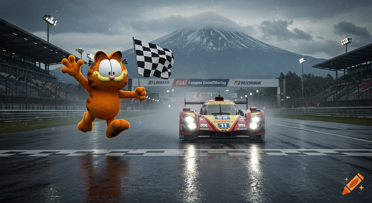 Garfield waves a checkered flag on a wet race track next to a red race car with a mountain and stands in the background.