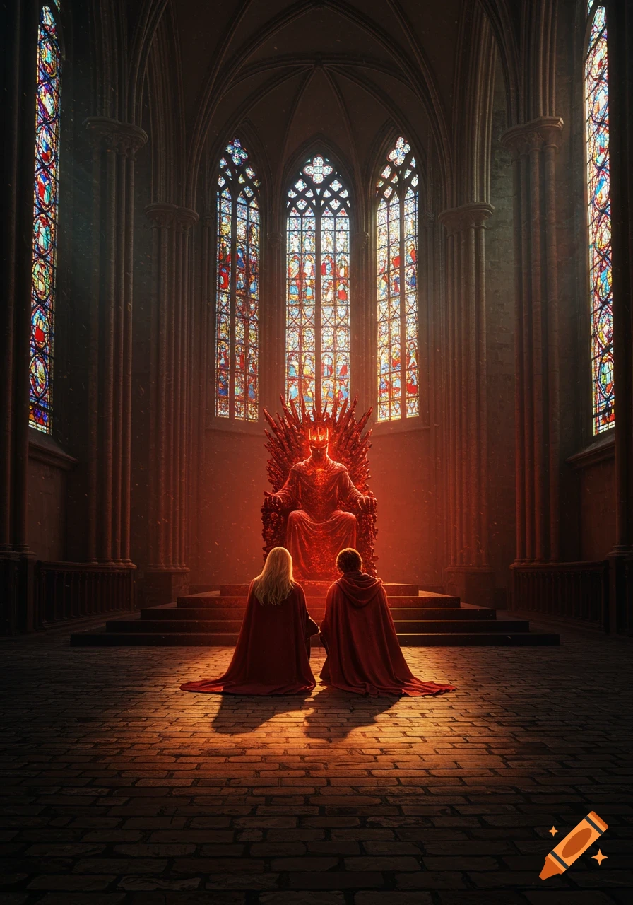 Two cloaked figures kneel before a glowing red king on a throne in a dark gothic cathedral with vibrant stained glass windows.