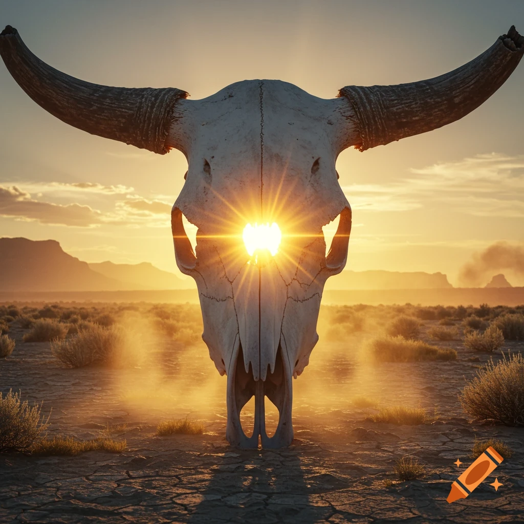 Photorealistic image of a cow skull in a desert at sunset, with the sun shining through its eye sockets.