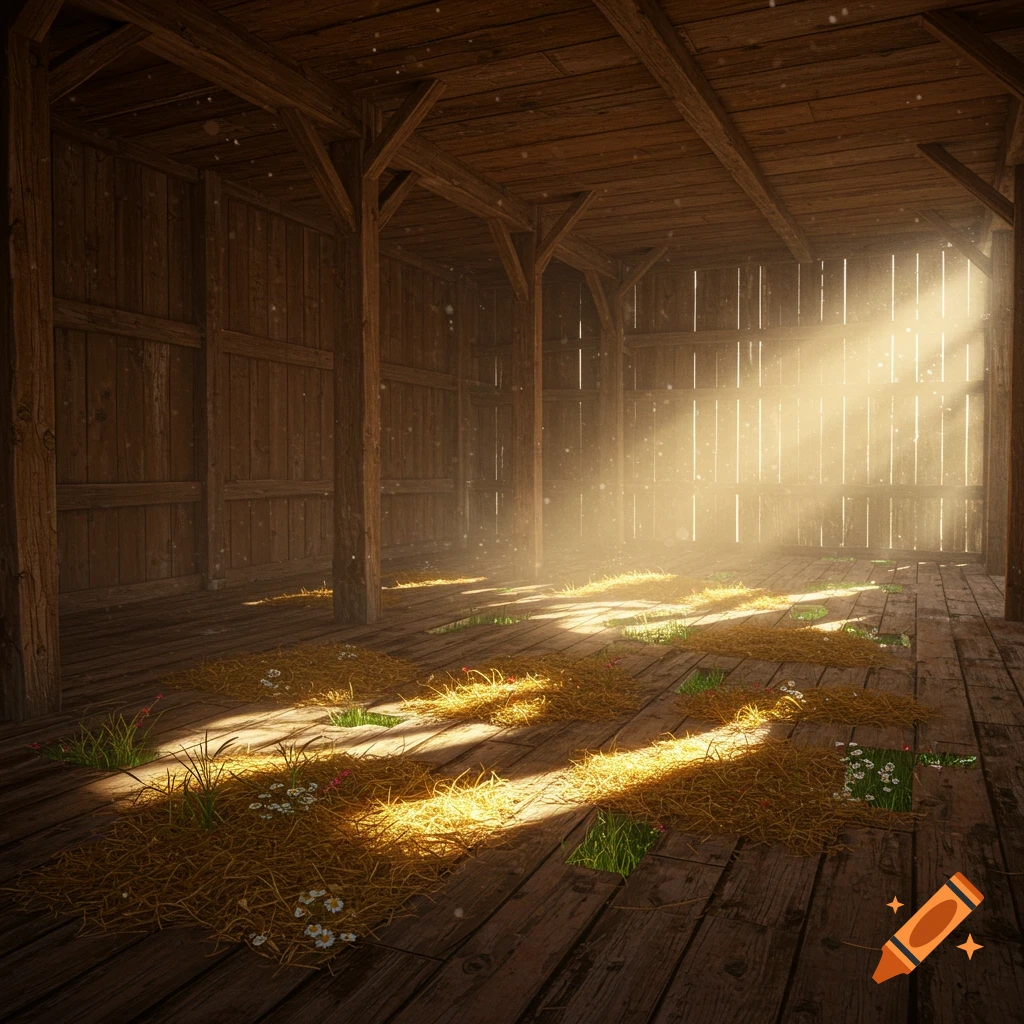 Sunlit wooden barn interior with hay, grass, and small flowers growing through floorboard cracks.