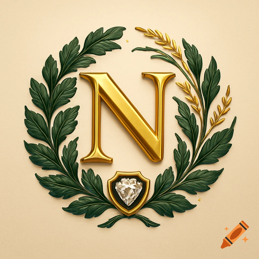 A luxurious golden letter N surrounded by a botanical wreath of green leaves and golden wheat, with a diamond in a shield below.