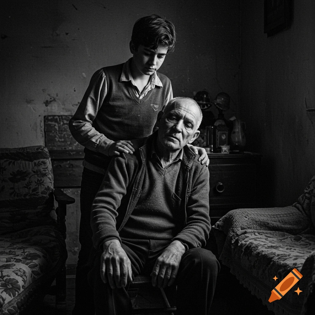 A black and white portrait of a somber old man sitting, with a young boy standing behind him, hands on his shoulders, in a dimly lit room.