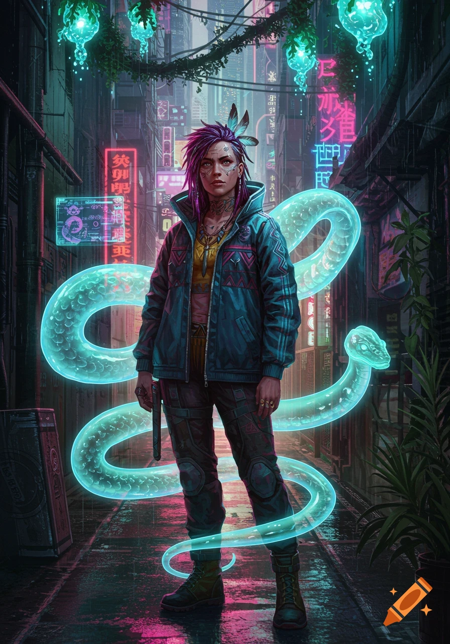 A cyberpunk woman with purple hair and tattoos stands in a neon-lit alley with a glowing blue snake coiling around her.
