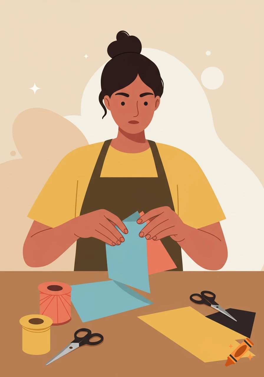 Illustration of a woman with a bun doing paper crafts, folding blue paper at a table with scissors and spools of thread.
