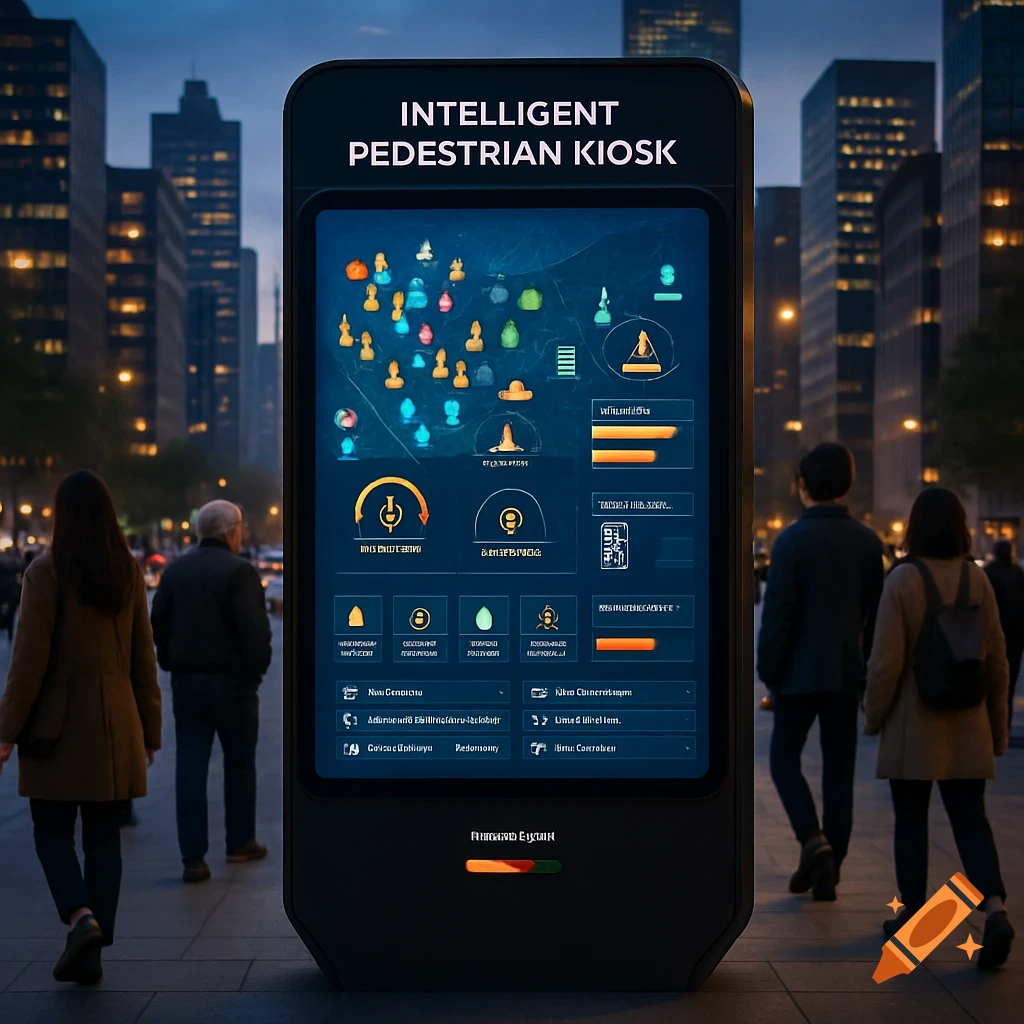 A futuristic intelligent pedestrian kiosk stands on a city sidewalk at dusk, displaying interactive information. People walk by tall buildings.