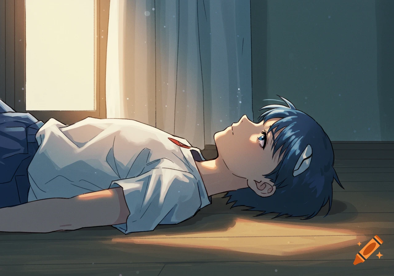 A sad anime character with blue hair lies on a wooden floor, looking up at sunlight from a window.