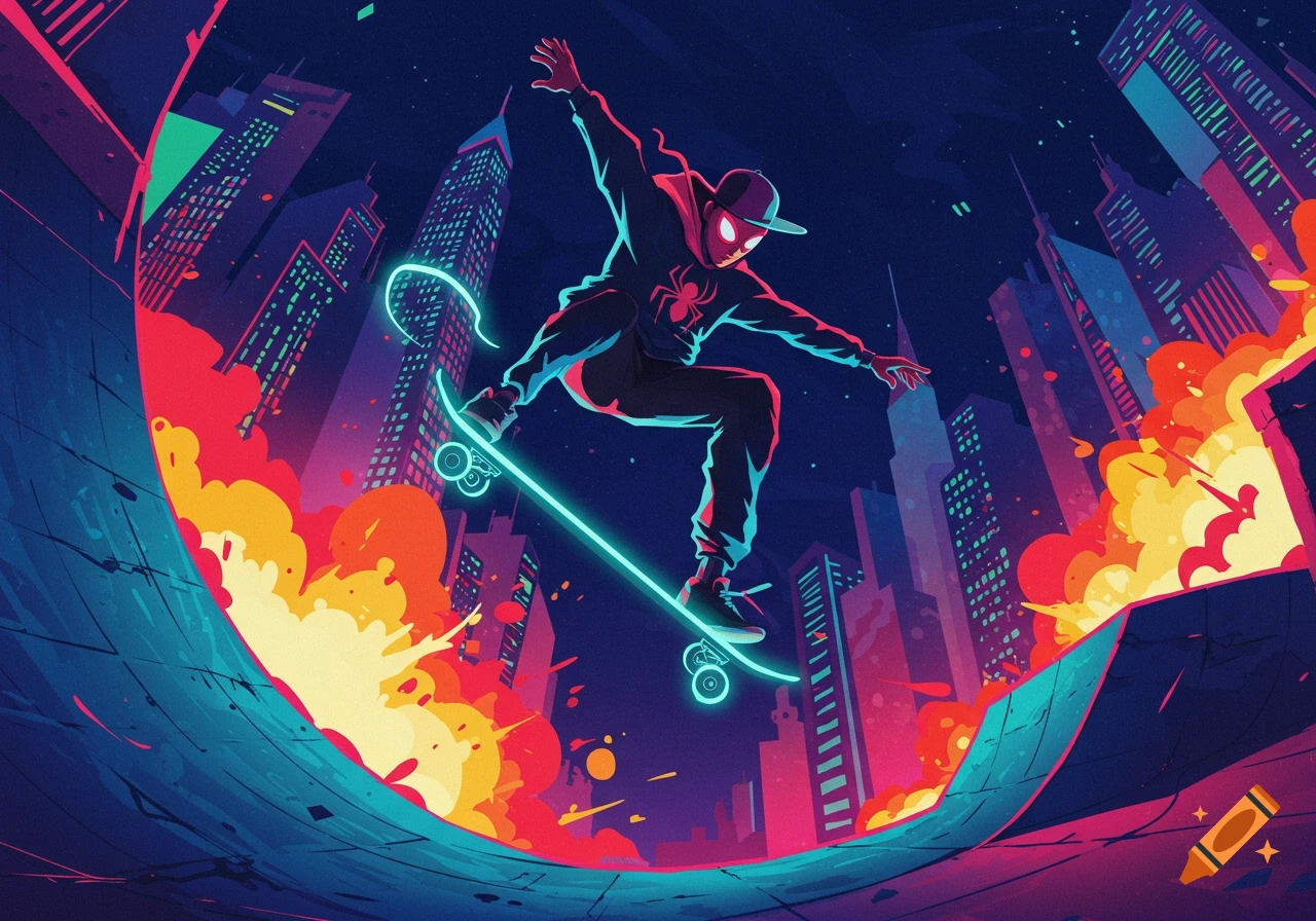 Stylized comic art of a skater resembling Miles Morales on a glowing skateboard, mid-air over a vibrant city at night.
