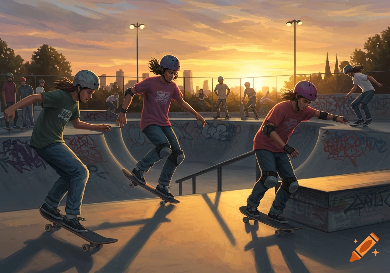 Three young skateboarders, wearing helmets and pads, ride their skateboards in a concrete skate park at sunset, with other skaters in the background.
