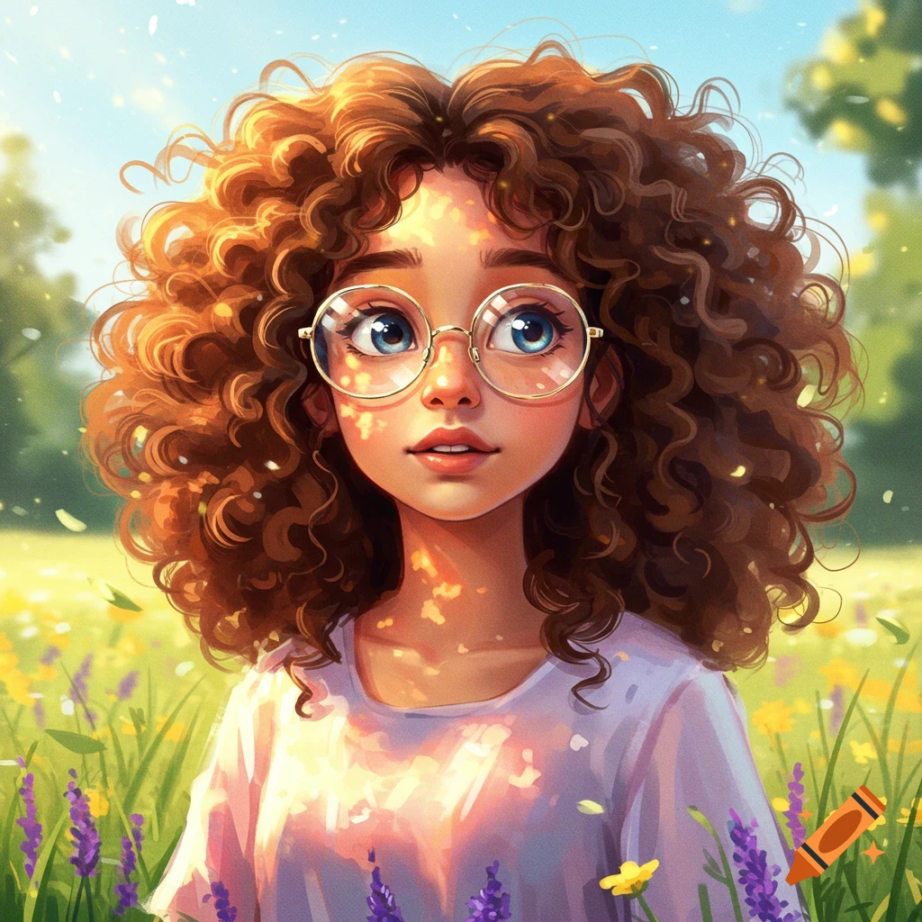 A cute animated girl with curly brown hair and round glasses looks up in a sunny field filled with purple and yellow flowers.