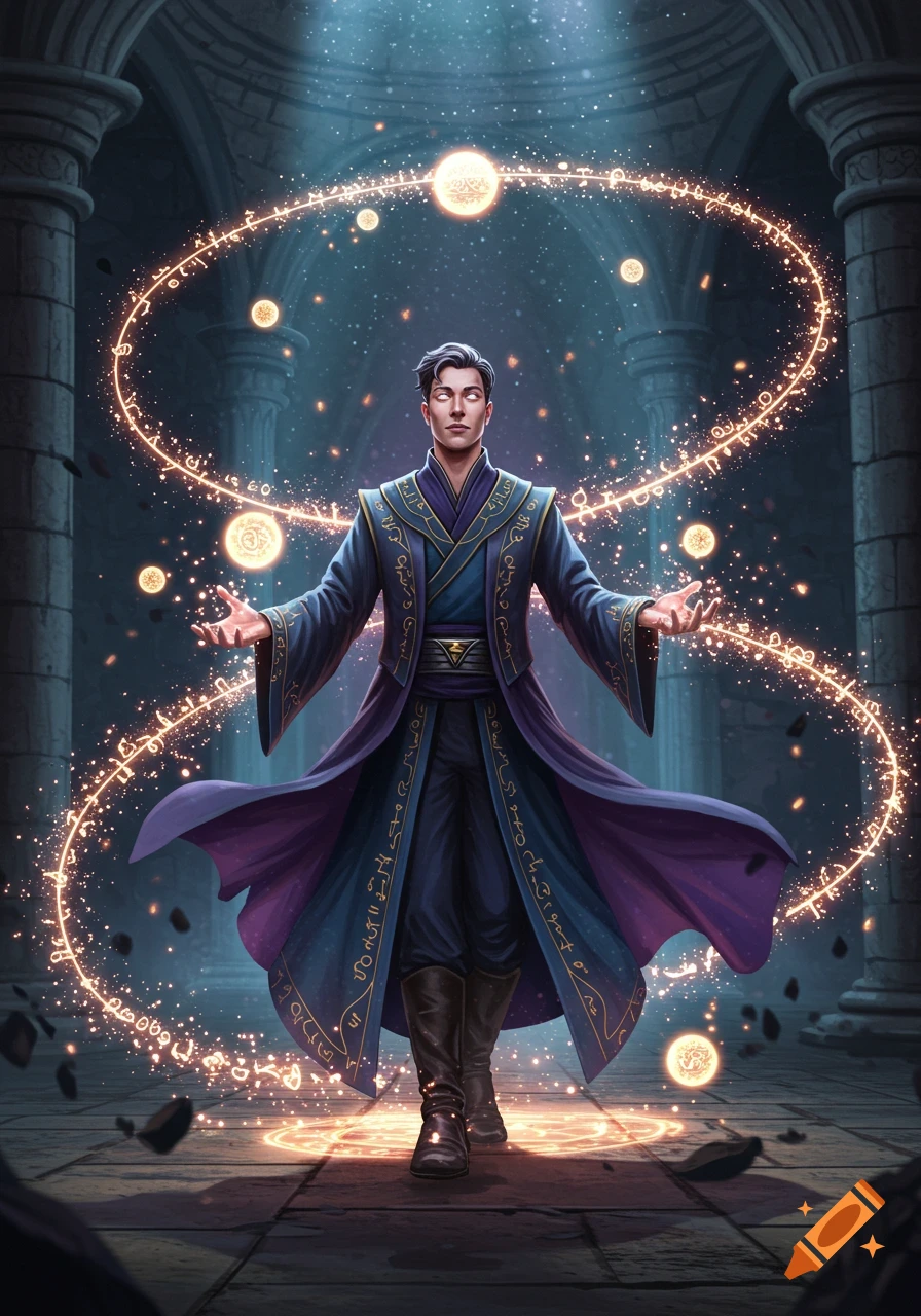 A male wizard with glowing eyes and hands casts a spell, surrounded by glowing runic magic circles, in a dark, ancient stone chamber.