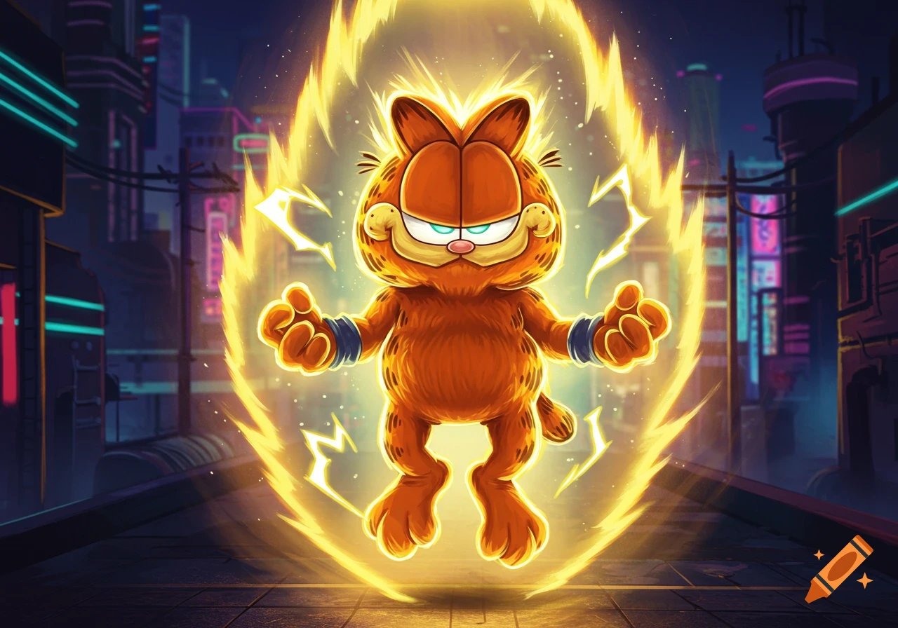 Super Saiyan Garfield with a golden aura, posing powerfully on a futuristic city street at night in a cartoon anime style.