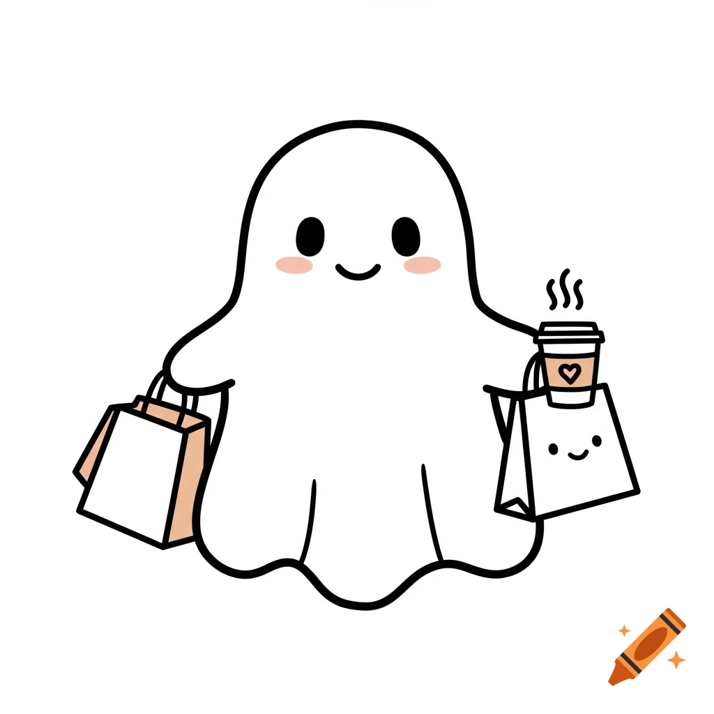 A cute cartoon ghost with rosy cheeks holds a shopping bag in each hand and a steaming coffee cup.