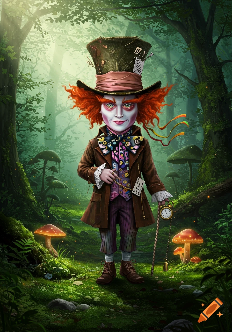A whimsical Mad Hatter with bright orange hair and pale skin, wearing a brown coat and a tall hat, stands in a magical forest among glowing mushrooms.