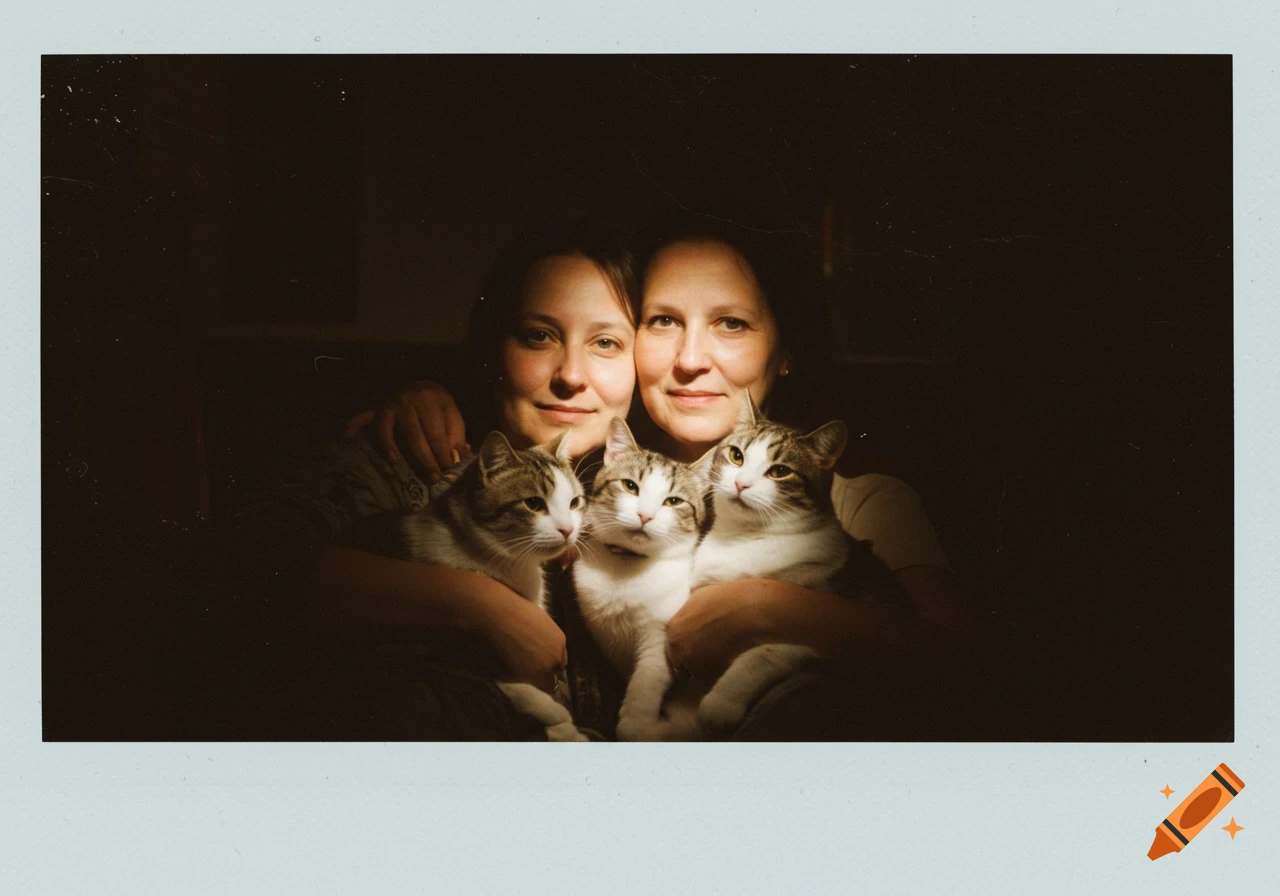 Two women holding and embracing three cats in a vintage, flash-lit portrait taken in a dark room with blurry edges.