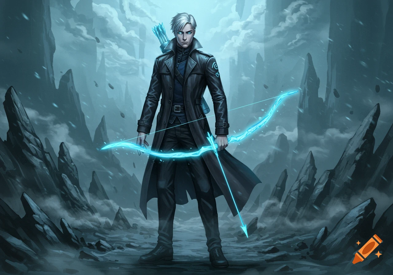 A white-haired male character in a dark trench coat holds a glowing blue bow in a snowy, rocky landscape.