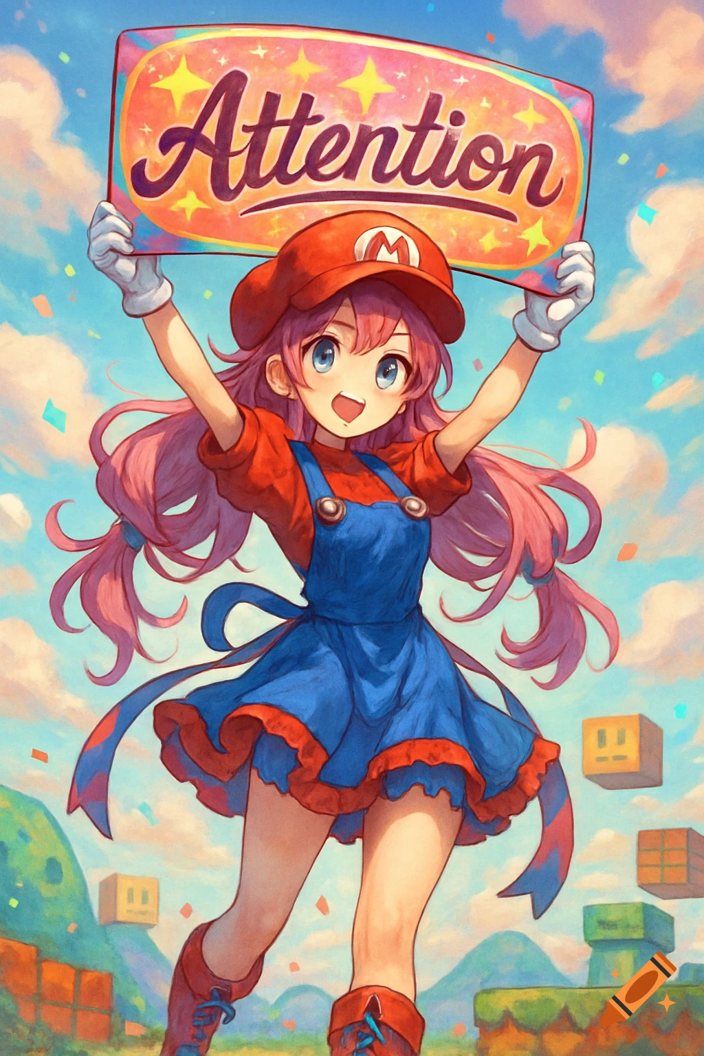 An enthusiastic anime girl dressed as Mario with pink hair holds a bright sign saying "Attention" against a blue sky, with Super Mario blocks in the background. Colorful anime art style.