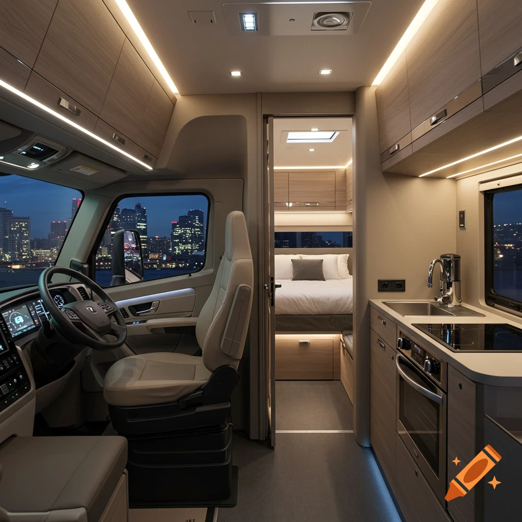 Photorealistic image of a modern RV interior with a driver's cockpit, kitchen, and bedroom, overlooking a city skyline at night.
