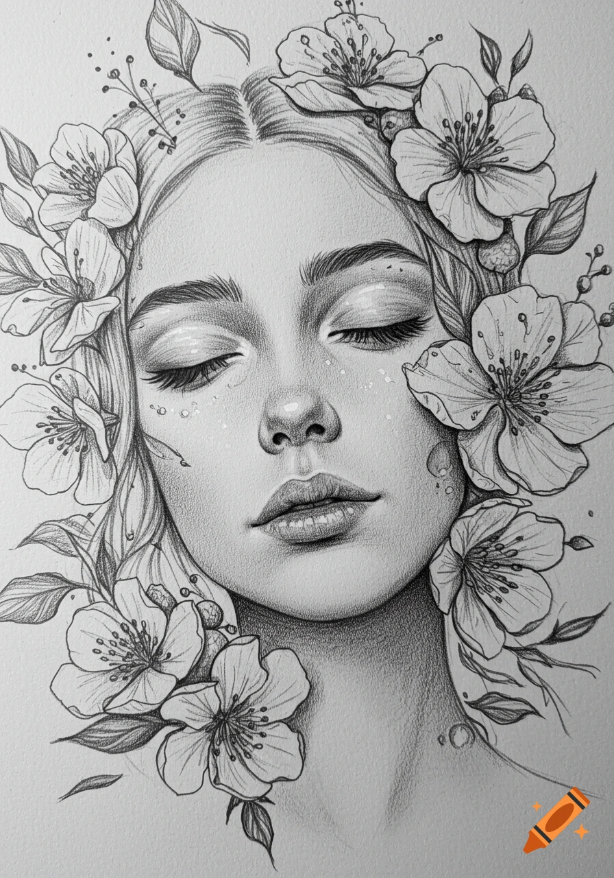 Pencil sketch of a serene woman's face with closed eyes, framed by delicate flowers.