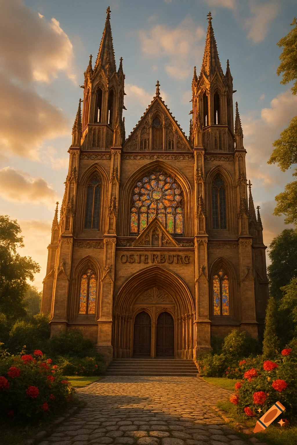 A grand gothic church with 'OSTERBURG' inscribed above the entrance, featuring spires and stained glass, bathed in warm sunset light amidst red roses.