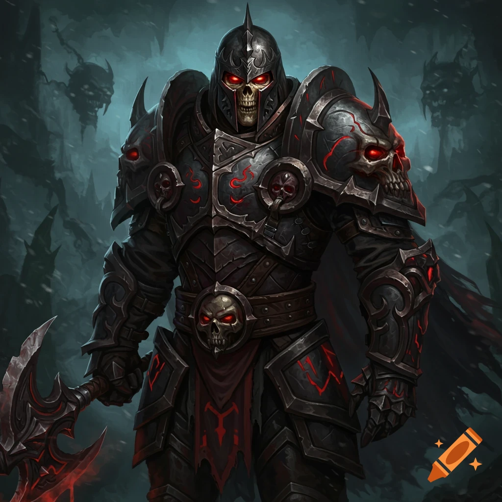 A fearsome undead warrior in dark spiky armor with glowing red eyes, wielding a battle axe in a gloomy, snowy landscape. Dark fantasy art style.