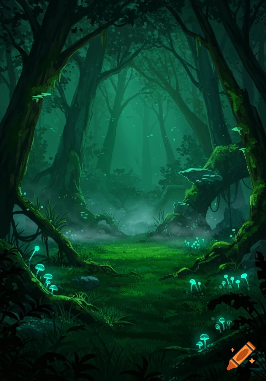 Illustrated fantasy forest with a path leading through dark, mossy trees and glowing green mushrooms.