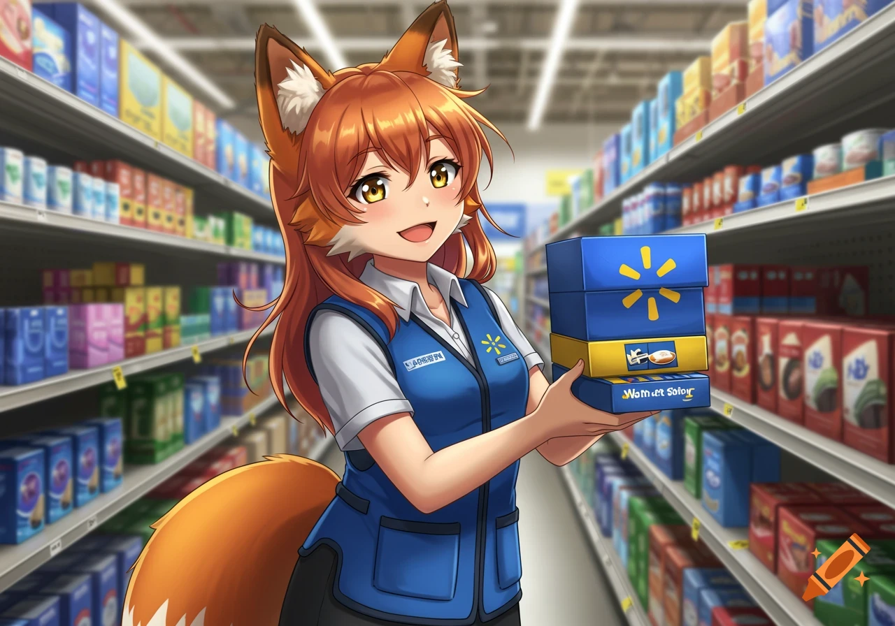 Anime fox girl in a Walmart vest holding boxes in a supermarket aisle.