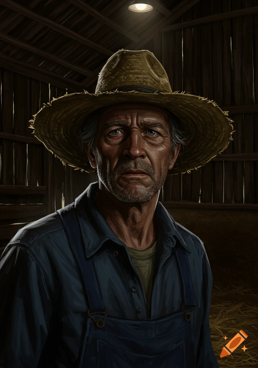 Realistic portrait of a worried middle-aged farmer in a straw hat and overalls, standing in a dimly lit barn.