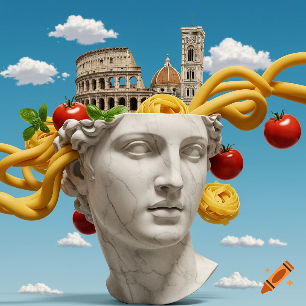 A surreal image of a marble statue head with pasta, tomatoes, basil, and Italian landmarks against a blue sky.