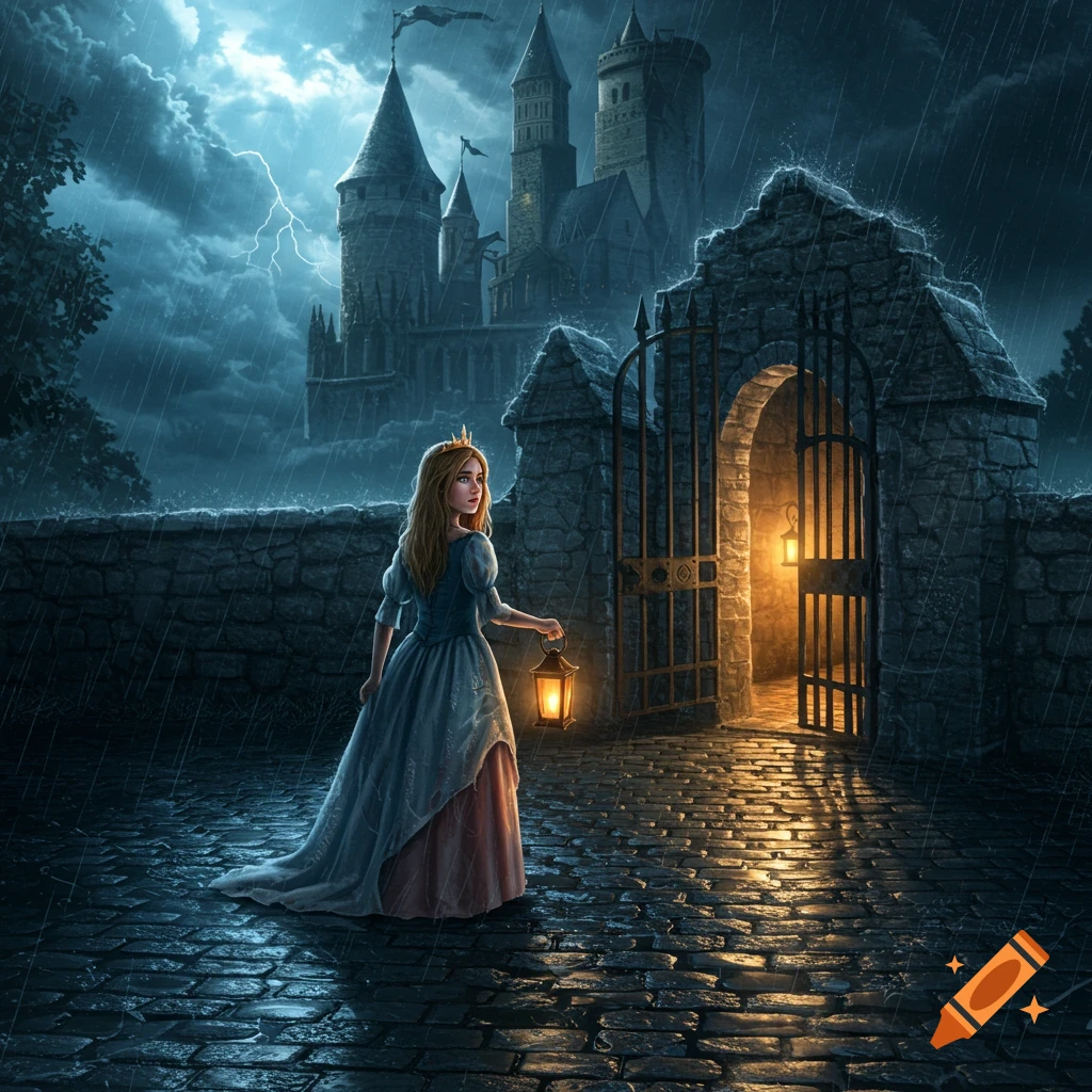 A princess in a gown holds a lantern, looking back as she approaches a stone gate in the rain with a castle behind her.