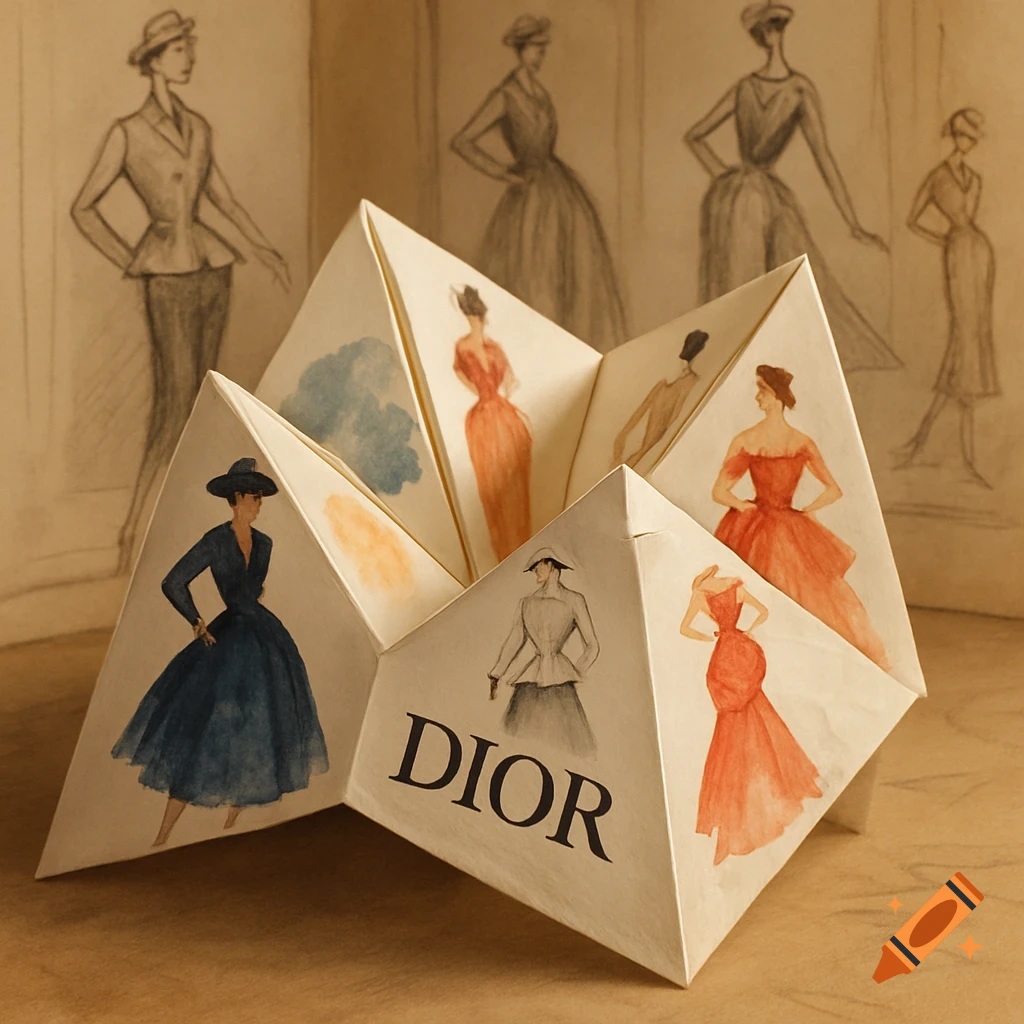 A paper fortune teller with "DIOR" text and watercolor sketches of vintage fashion designs. The background shows blurred pencil sketches of fashion figures.
