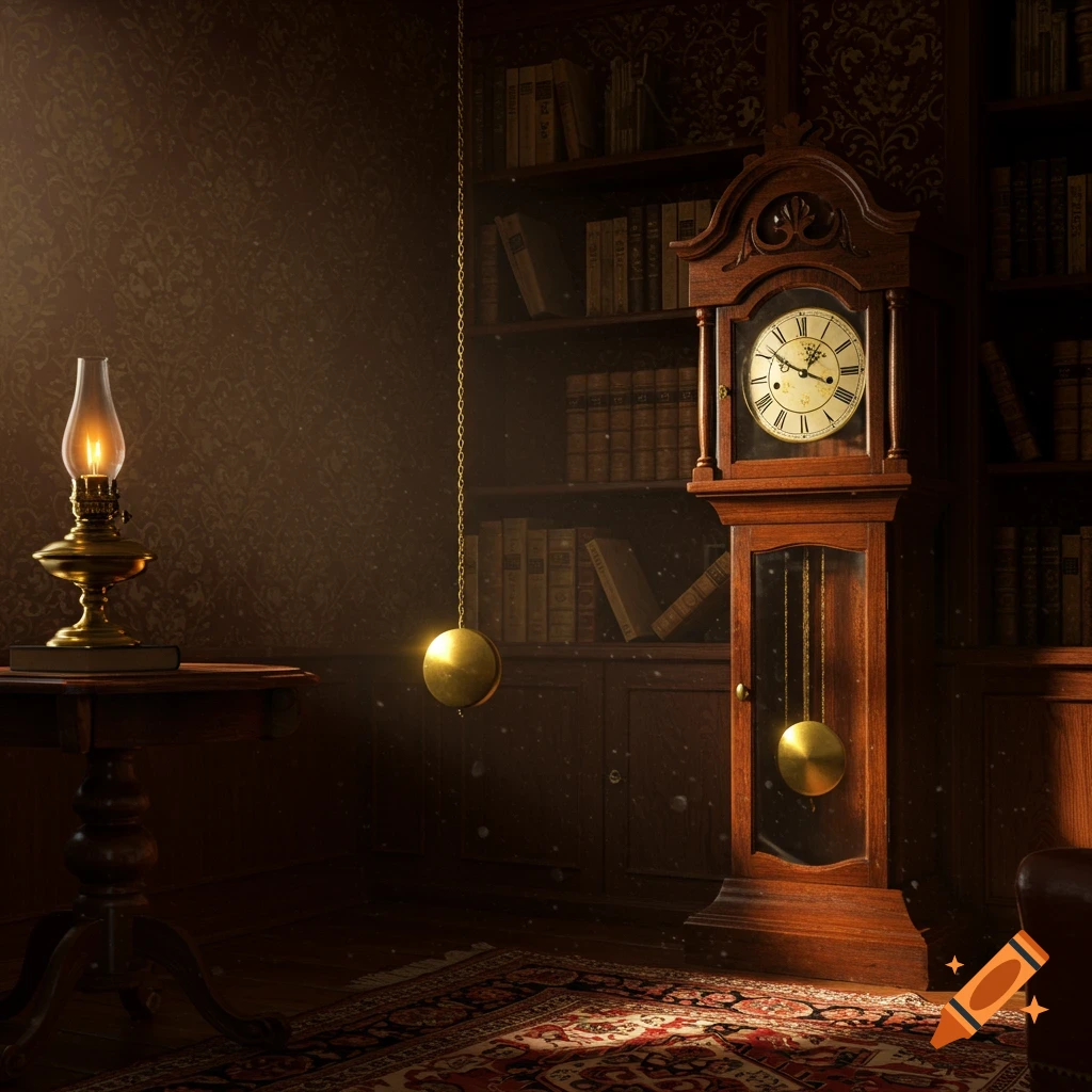 A dimly lit, old-fashioned study with a large wooden grandfather clock and a burning oil lamp on a table, sunlight streams through a window.