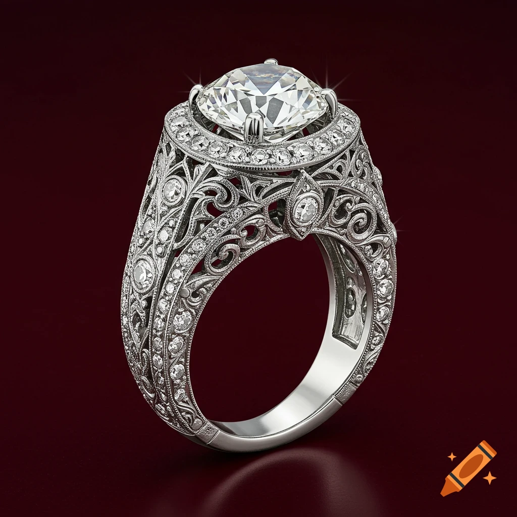 A detailed Victorian-style platinum ring with a large faceted diamond, ornate scrollwork, and encrusted smaller diamonds, set against a dark red background.