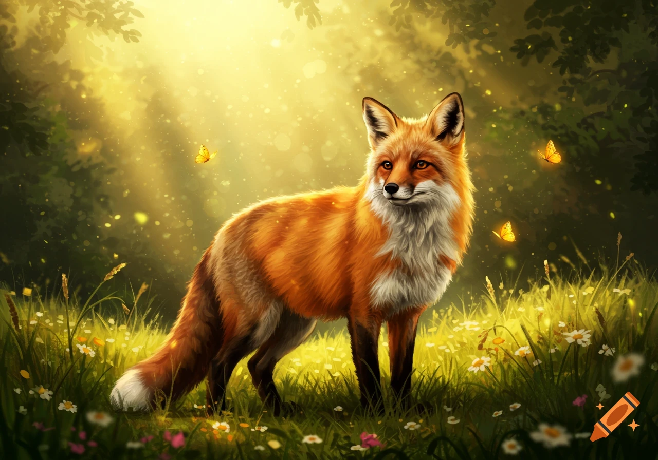 A red fox stands in a sunlit, green meadow with flowers, looking right. Digital painting.