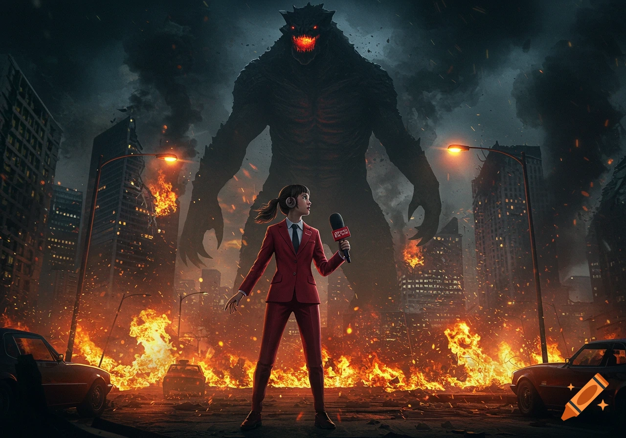 A female news reporter in a red suit stands in a burning, destroyed city as a giant monster looms behind her.