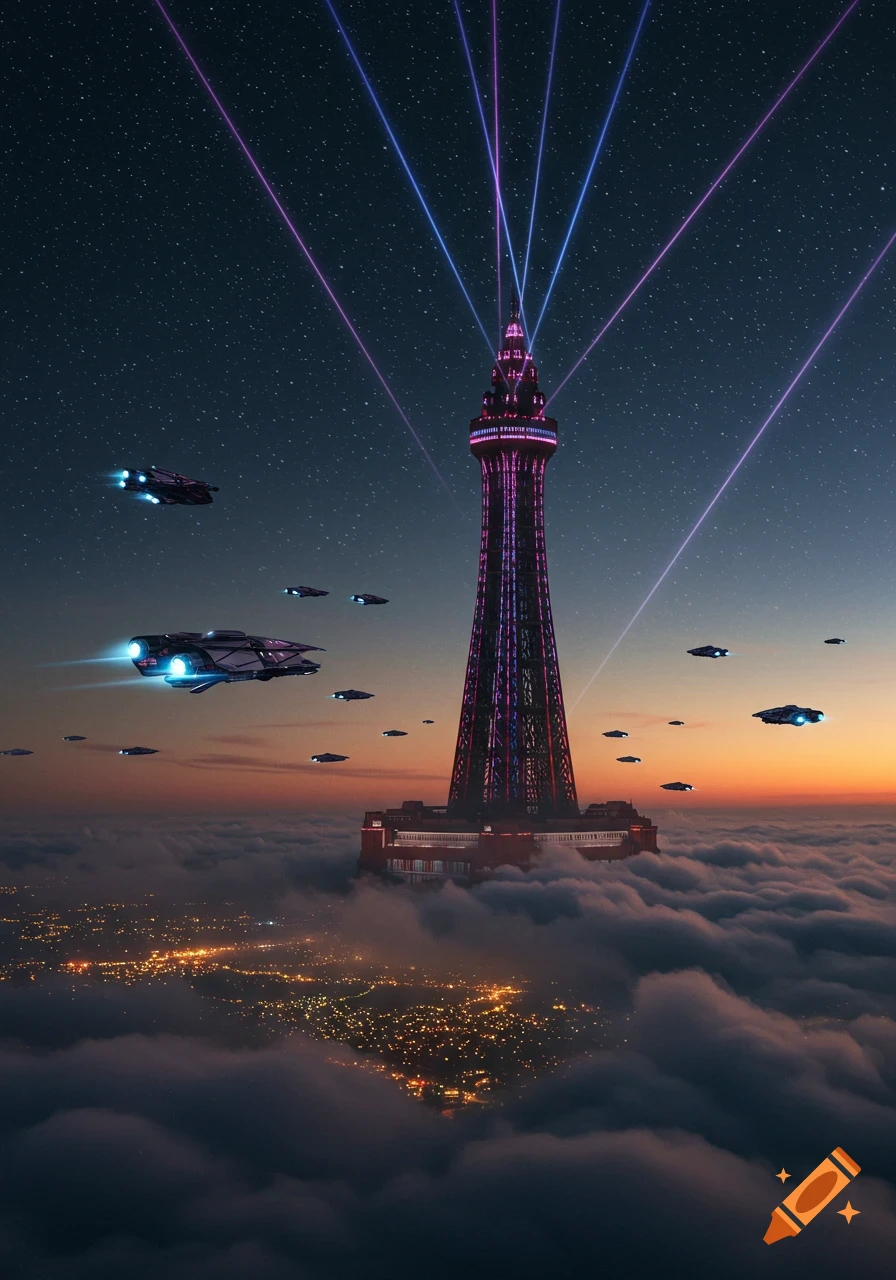 Futuristic Blackpool Tower, lit purple and blue, rises above clouds and a city, surrounded by spaceships in a starry twilight sky.