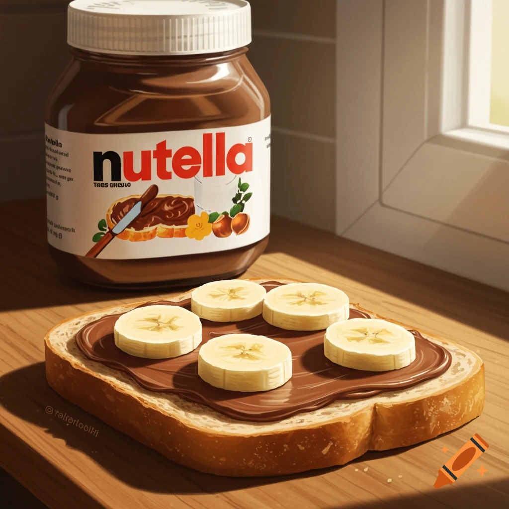 Stylized illustration of a Nutella jar behind a slice of bread with Nutella and banana slices on a wooden table near a window.
