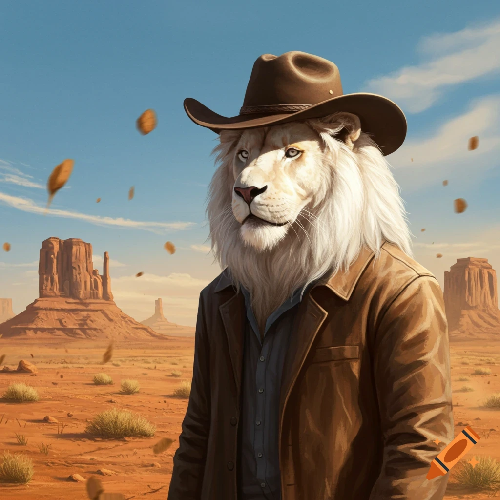 A white lion wearing a cowboy hat, brown jacket, and blue shirt stands in a sunny desert with mesas and floating dust.
