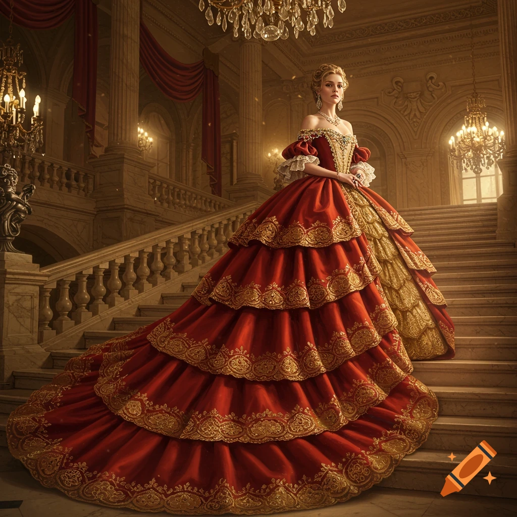 A woman in an opulent, tiered red and gold ball gown stands on a grand staircase in a luxurious palace with chandeliers.