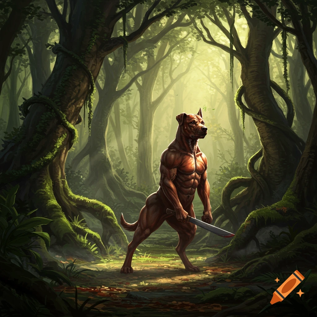 A muscular brown dog with a human-like torso stands in a lush, ancient forest, holding a machete.