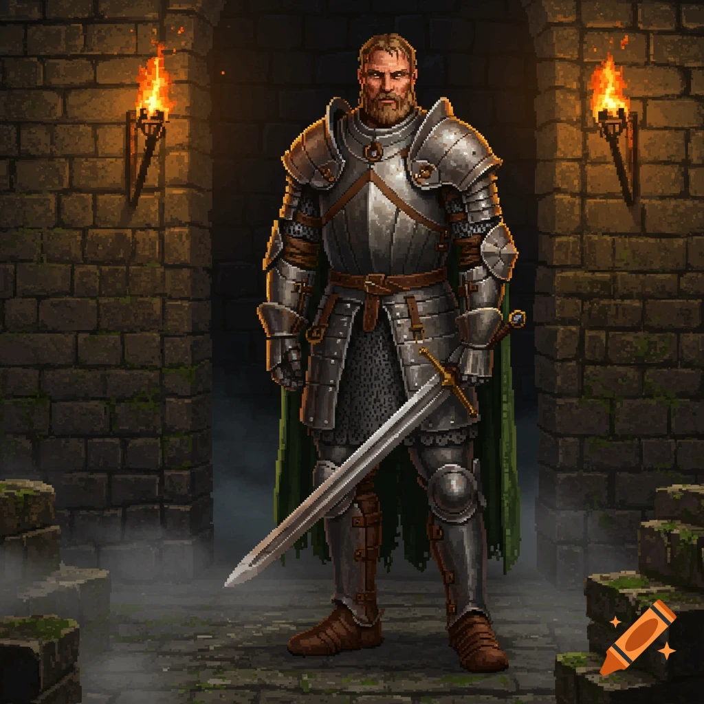 A pixel art depiction of a bearded knight in full plate armor holding a sword, standing in a stone dungeon lit by torches.